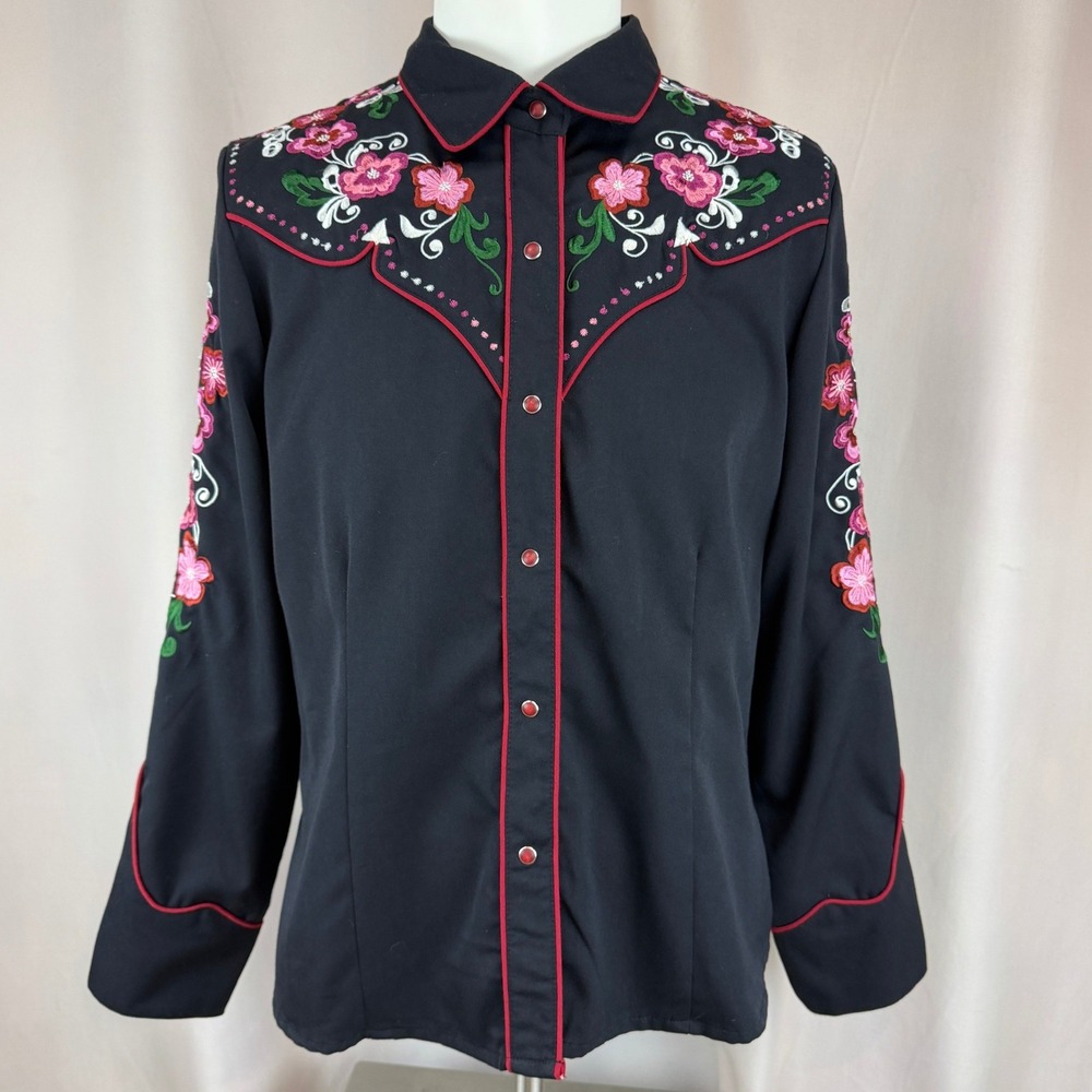 SCULLY Womens Embroidered Western Shirt|L|Black Pink Floral Pearl Snap Rodeo